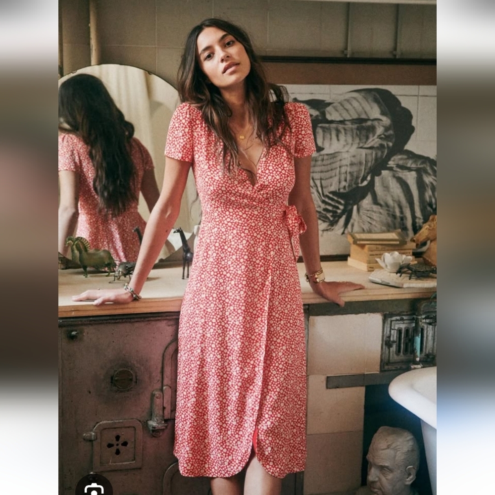 Floral Ditsy Daisy 90s Summer Faux Wrap Dress Dark Orange White Medium USA